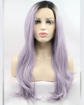 Long Synthetic Ombre Lace Front Wig Pastel Purple Dark Roots Heat Resistant